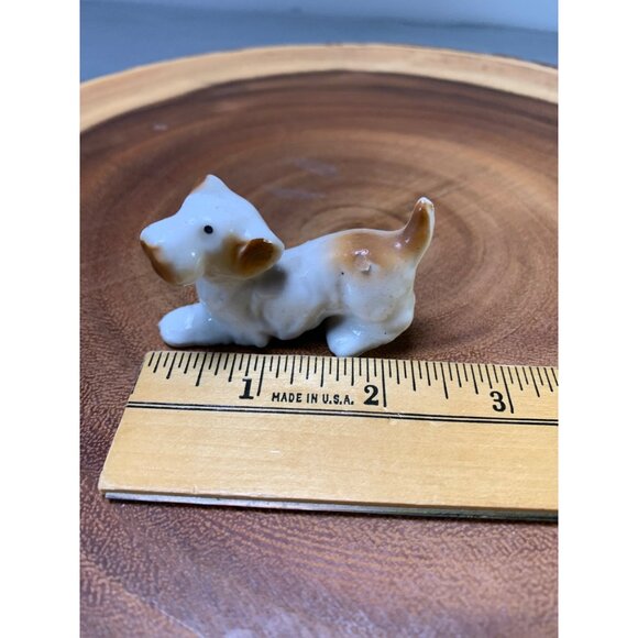 Vintage Miniature Porcelain Dog Figurine Handcrafted with Brown & White Glaze - Picture 7 of 8
